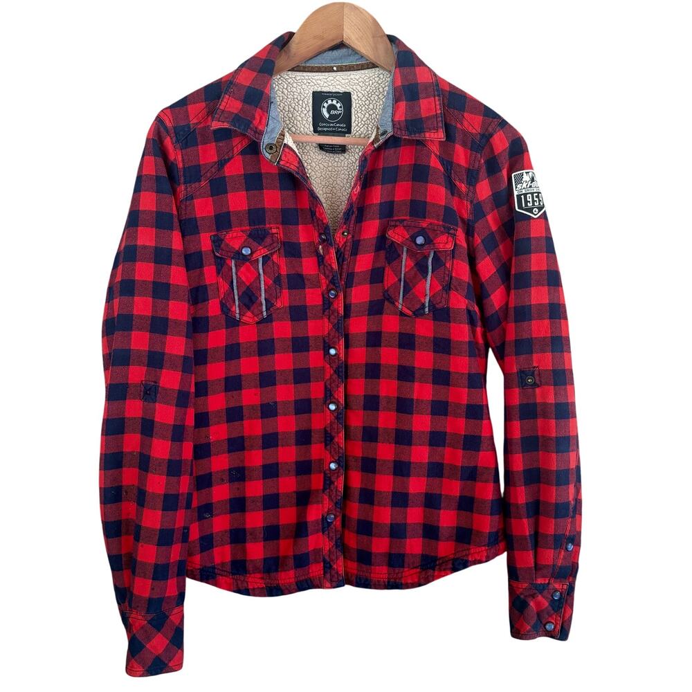 BRP Ski-Doo Mens Flannel Shirt XS Red Blue Plaid Sherpa Fleece Jacket Shacket